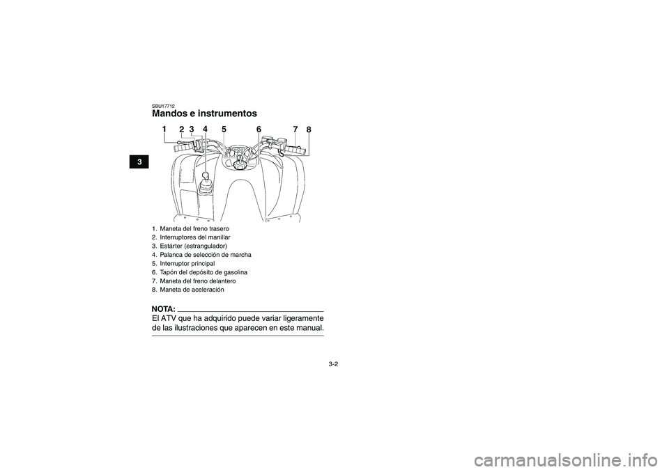 YAMAHA WOLVERINE 350 2008  Manuale de Empleo (in Spanish) 3-2
3
SBU17712Mandos e instrumentosNOTA:El ATV que ha adquirido puede variar ligeramentede las ilustraciones que aparecen en este manual.1. Maneta del freno trasero
2. Interruptores del manillar
3. Es