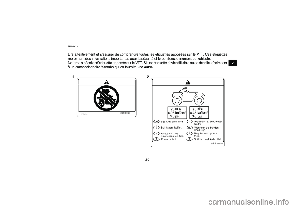 YAMAHA WOLVERINE 350 2008  Notices Demploi (in French) 2-2
2
FBU17670Lire attentivement et s’assurer de comprendre toutes les étiquettes apposées sur le VTT. Ces étiquettes
reprennent des informations importantes pour la sécurité et le bon fonction