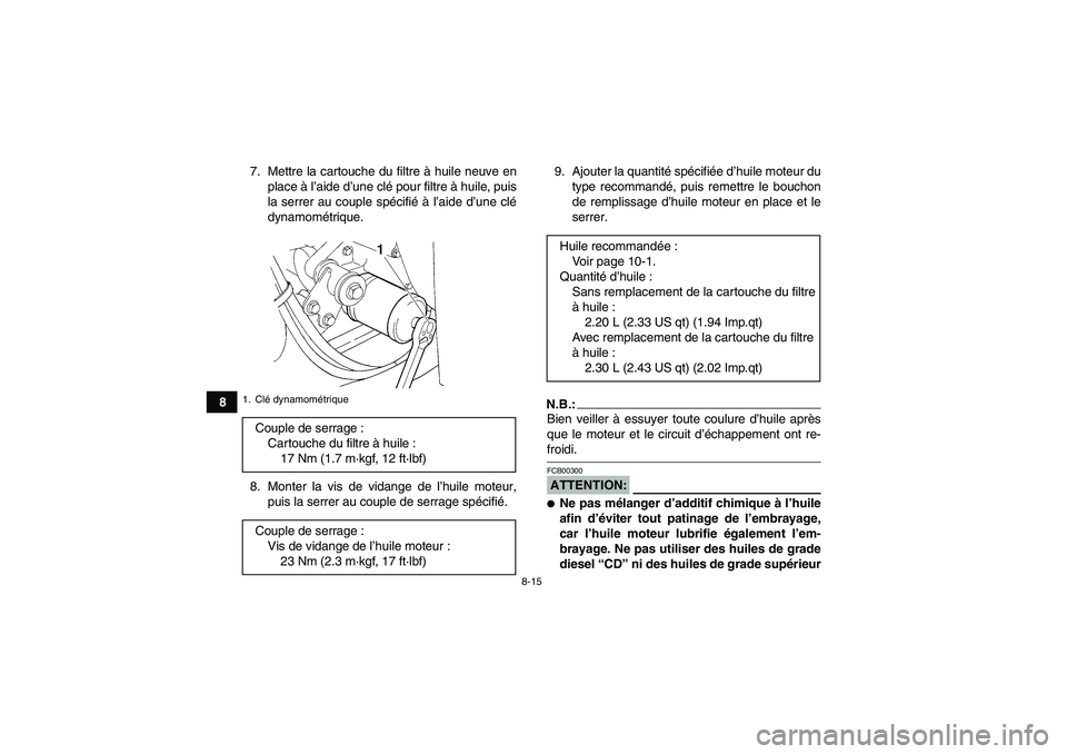 YAMAHA WOLVERINE 350 2008  Notices Demploi (in French) 8-15
87. Mettre la cartouche du filtre à huile neuve en
place à l’aide d’une clé pour filtre à huile, puis
la serrer au couple spécifié à l’aide d’une clé
dynamométrique.
8. Monter la
