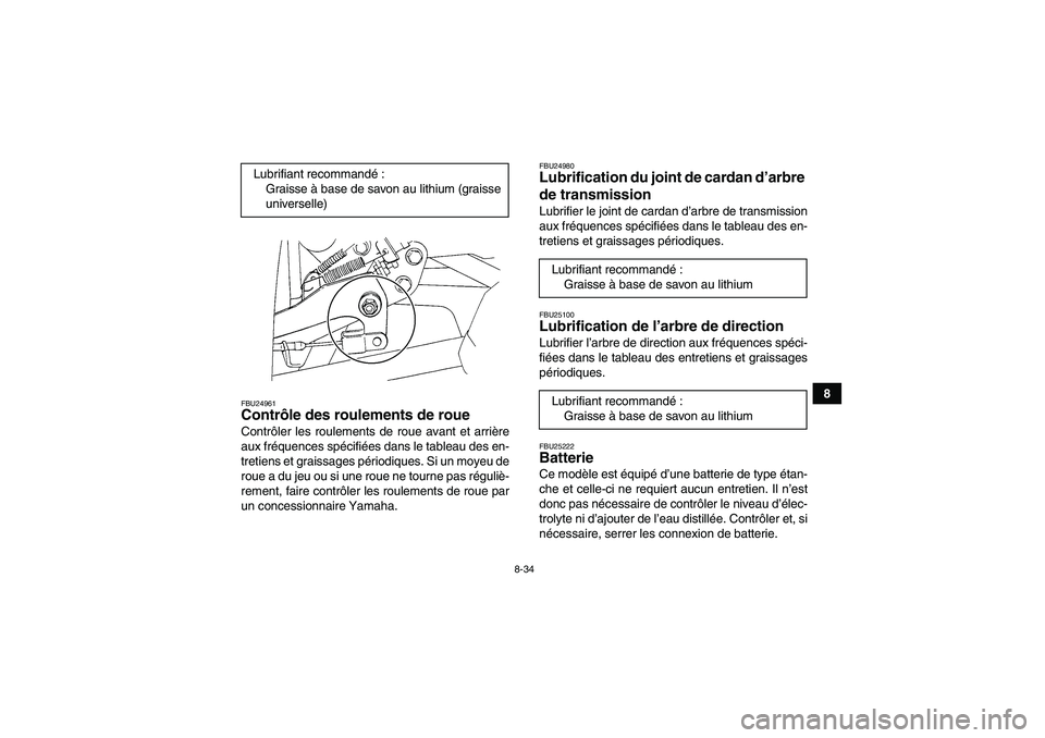 YAMAHA WOLVERINE 350 2007  Notices Demploi (in French) 8-34
8
FBU24961Contrôle des roulements de roue Contrôler les roulements de roue avant et arrière
aux fréquences spécifiées dans le tableau des en-
tretiens et graissages périodiques. Si un moye