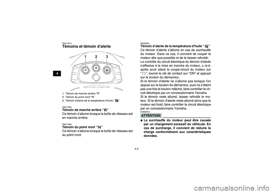 YAMAHA WOLVERINE 350 2007  Notices Demploi (in French) 4-2
4
FBU17813Témoins et témoin d’alerte FBU17830Témoin de marche arrière “” 
Ce témoin s’allume lorsque la boîte de vitesses est
en marche arrière.FBU17860Témoin du point mort “” 