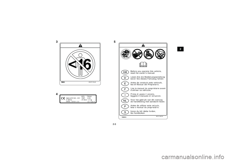YAMAHA WOLVERINE 350 2006 User Guide 2-3
2
U3D560E0.book  Page 3  Tuesday, December 27, 2005  12:13 PM 