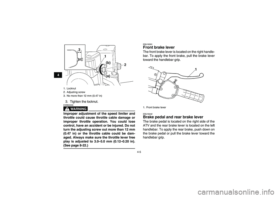 YAMAHA WOLVERINE 350 2006  Owners Manual 4-5
4
3. Tighten the locknut.
WARNING
EWB00240Improper adjustment of the speed limiter and
throttle could cause throttle cable damage or
improper throttle operation. You could lose
control, have an ac