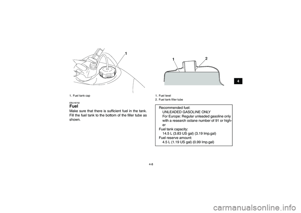 YAMAHA WOLVERINE 350 2006 Owners Manual 4-8
4
EBU18750Fuel Make sure that there is sufficient fuel in the tank.
Fill the fuel tank to the bottom of the filler tube as
shown.1. Fuel tank cap
1. Fuel level
2. Fuel tank filler tubeRecommended 