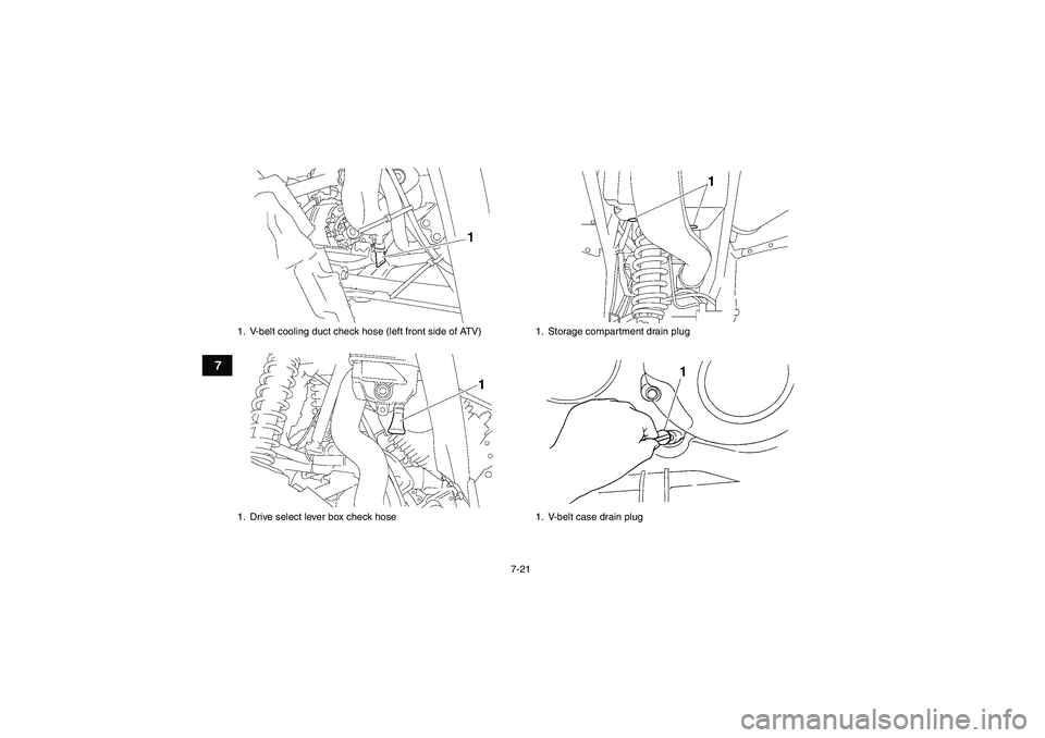 YAMAHA WOLVERINE 350 2006 Repair Manual 7-21
7
1. V-belt cooling duct check hose (left front side of ATV)
1. Drive select lever box check hose
1. Storage compartment drain plug
1. V-belt case drain plug
U3D560E0.book  Page 21  Tuesday, Dece