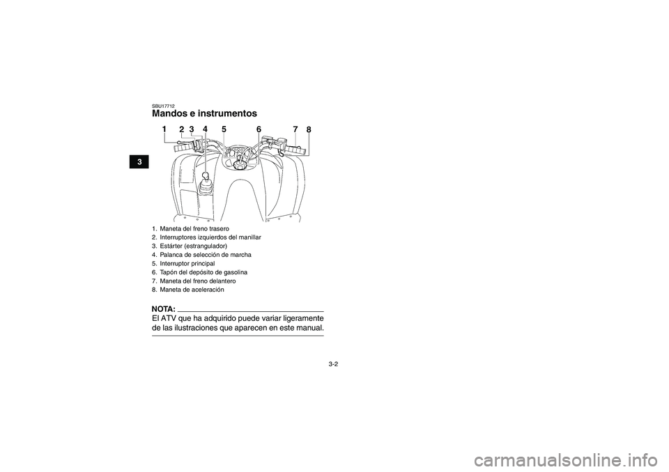 YAMAHA WOLVERINE 350 2006  Manuale de Empleo (in Spanish) 3-2
3
SBU17712Mandos e instrumentosNOTA:El ATV que ha adquirido puede variar ligeramentede las ilustraciones que aparecen en este manual.1. Maneta del freno trasero
2. Interruptores izquierdos del man