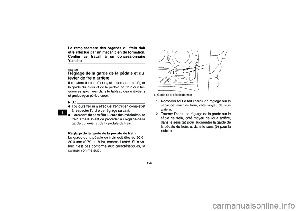 YAMAHA WOLVERINE 350 2006  Notices Demploi (in French) 8-29
8Le remplacement des organes du frein doit
être effectué par un mécanicien de formation.
Confier ce travail à un concessionnaire
Yamaha.FBU24511Réglage de la garde de la pédale et du 
levie