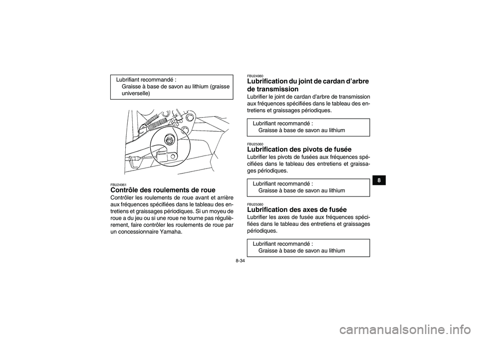 YAMAHA WOLVERINE 350 2006  Notices Demploi (in French) 8-34
8
FBU24961Contrôle des roulements de roue Contrôler les roulements de roue avant et arrière
aux fréquences spécifiées dans le tableau des en-
tretiens et graissages périodiques. Si un moye