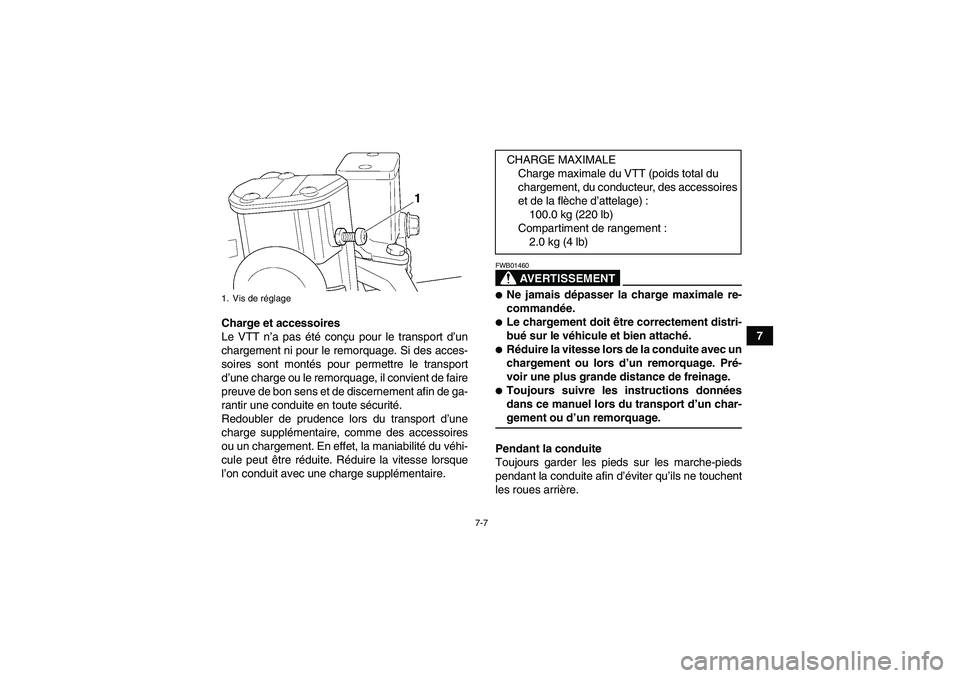 YAMAHA WOLVERINE 350 2006  Notices Demploi (in French) 7-7
7 Charge et accessoires
Le VTT n’a pas été conçu pour le transport d’un
chargement ni pour le remorquage. Si des acces-
soires sont montés pour permettre le transport
d’une charge ou le 