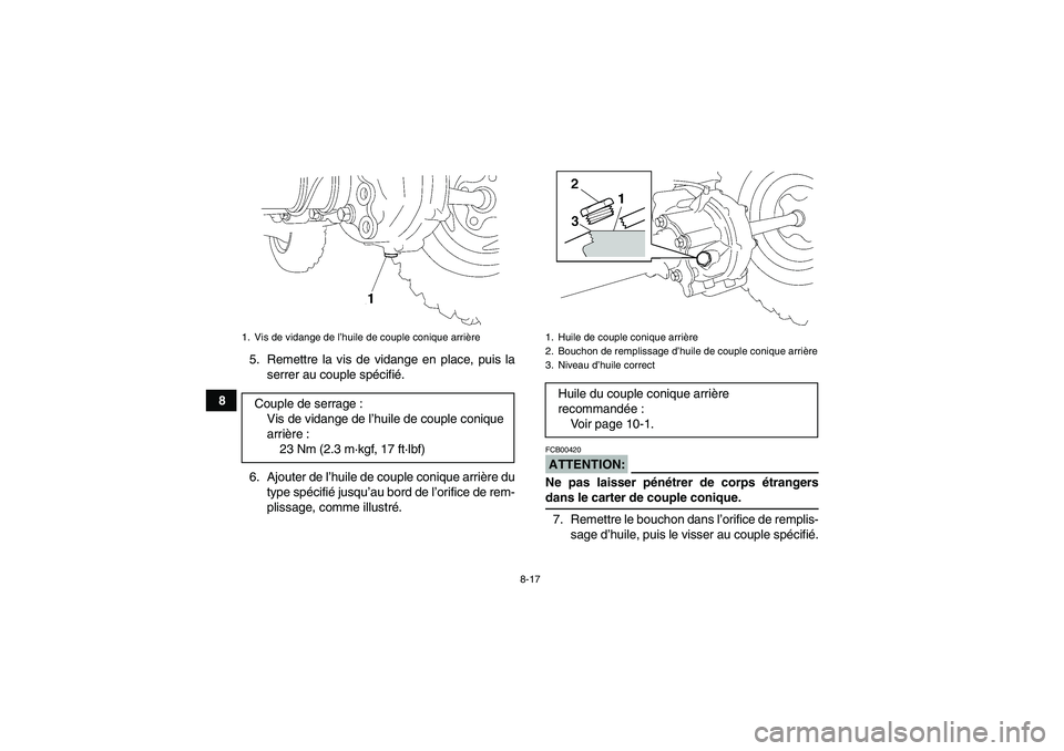 YAMAHA WOLVERINE 350 2006  Notices Demploi (in French) 8-17
85. Remettre la vis de vidange en place, puis la
serrer au couple spécifié.
6. Ajouter de l’huile de couple conique arrière du
type spécifié jusqu’au bord de l’orifice de rem-
plissage