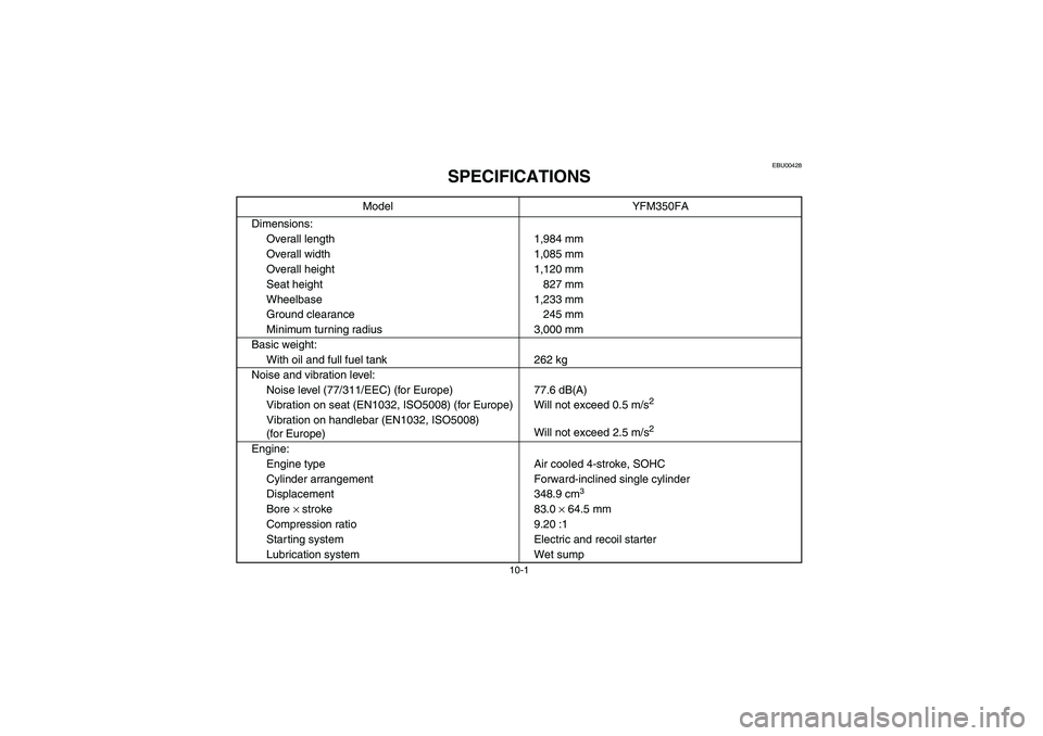 YAMAHA WOLVERINE 350 2004  Notices Demploi (in French) 10-1
EBU00428
SPECIFICATIONS
Model YFM350FA
Dimensions:
Overall length 1,984 mm
Overall width 1,085 mm
Overall height 1,120 mm
Seat height 827 mm
Wheelbase 1,233 mm
Ground clearance 245 mm
Minimum tur