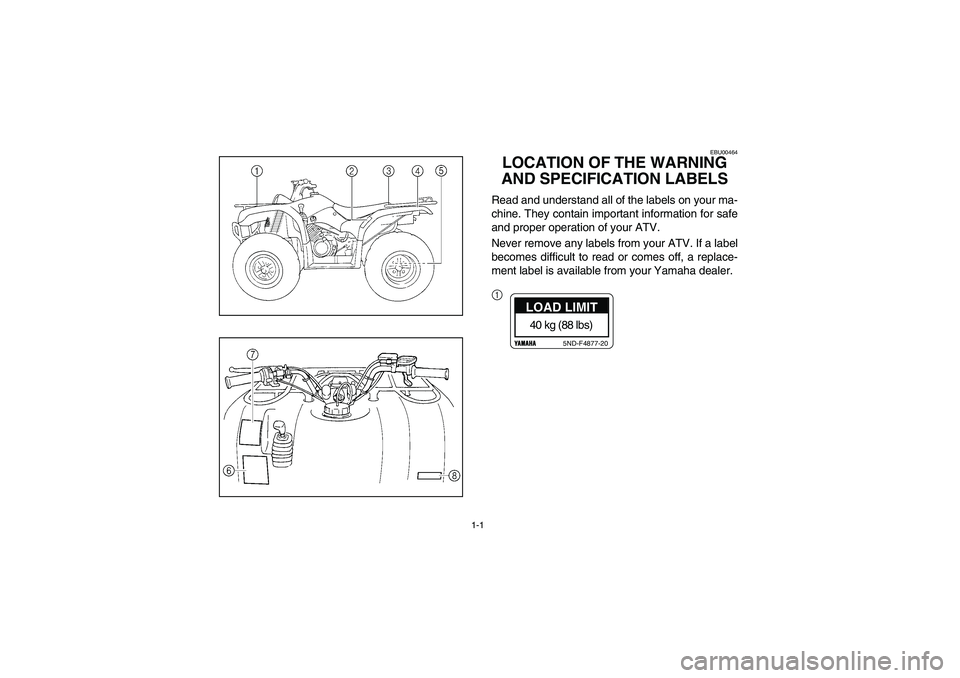 YAMAHA WOLVERINE 350 2004 Manuale de Empleo (in Spanish) 1-1
EBU00464
LOCATION OF THE WARNING
AND SPECIFICATION LABELSRead and understand all of the labels on your ma-
chine. They contain important information for safe
and proper operation of your ATV.
Nev YAMAHA WOLVERINE 350 2004 Manuale de Empleo (in Spanish) 1-1
EBU00464
LOCATION OF THE WARNING
AND SPECIFICATION LABELSRead and understand all of the labels on your ma-
chine. They contain important information for safe
and proper operation of your ATV.
Nev