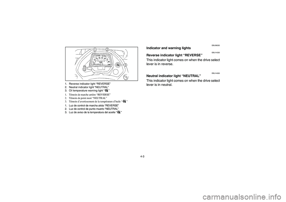 YAMAHA WOLVERINE 350 2004  Manuale de Empleo (in Spanish) 4-3 1. Reverse indicator light “REVERSE”
2. Neutral indicator light “NEUTRAL”
3. Oil temperature warning light “”
1. Témoin de marche arrière “REVERSE”
2. Témoin de point mort “NE