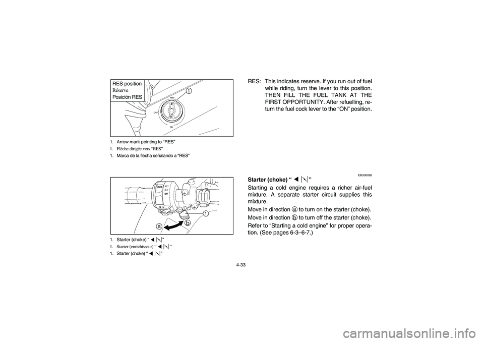 YAMAHA WOLVERINE 350 2004 Manuale de Empleo (in Spanish) 4-33 1. Arrow mark pointing to “RES”
1. Flèche dirigée vers “RES”
1. Marca de la flecha señalando a “RES”
RES position
Réserve
Posición RES1. Starter (choke) “”
1. Starter (enrich YAMAHA WOLVERINE 350 2004 Manuale de Empleo (in Spanish) 4-33 1. Arrow mark pointing to “RES”
1. Flèche dirigée vers “RES”
1. Marca de la flecha señalando a “RES”
RES position
Réserve
Posición RES1. Starter (choke) “”
1. Starter (enrich