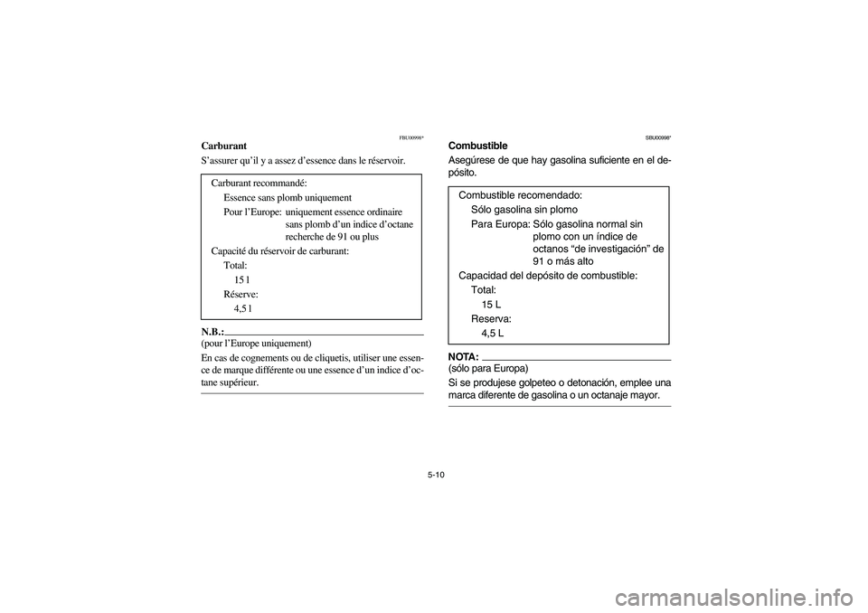 YAMAHA WOLVERINE 400 2004  Owners Manual 5-10
FBU00998*
Carburant
S’assurer qu’il y a assez d’essence dans le réservoir.N.B.:_ (pour l’Europe uniquement) 
En cas de cognements ou de cliquetis, utiliser une essen-
ce de marque diffé