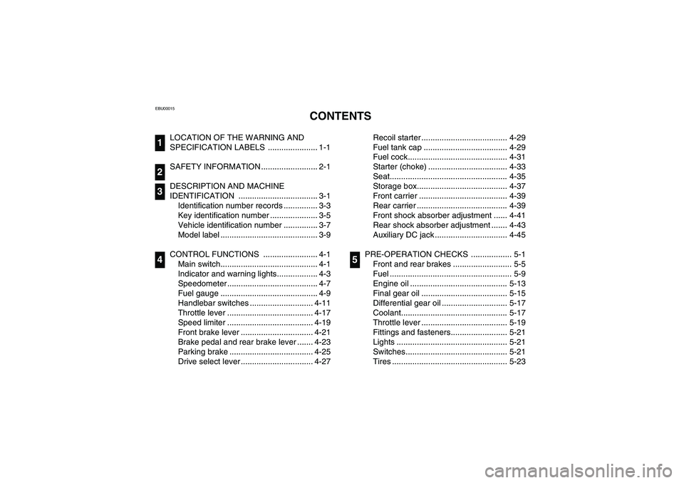 YAMAHA WOLVERINE 400 2004  Owners Manual EBU00015
1-CONTENTS
LOCATION OF THE WARNING AND 
SPECIFICATION LABELS  ...................... 1-1
SAFETY INFORMATION ......................... 2-1
DESCRIPTION AND MACHINE 
IDENTIFICATION .............