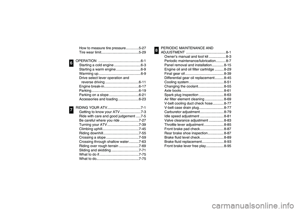 YAMAHA WOLVERINE 400 2004  Owners Manual How to measure tire pressure .............5-27
Tire wear limit......................................5-29
OPERATION ...........................................6-1
Starting a cold engine ...............