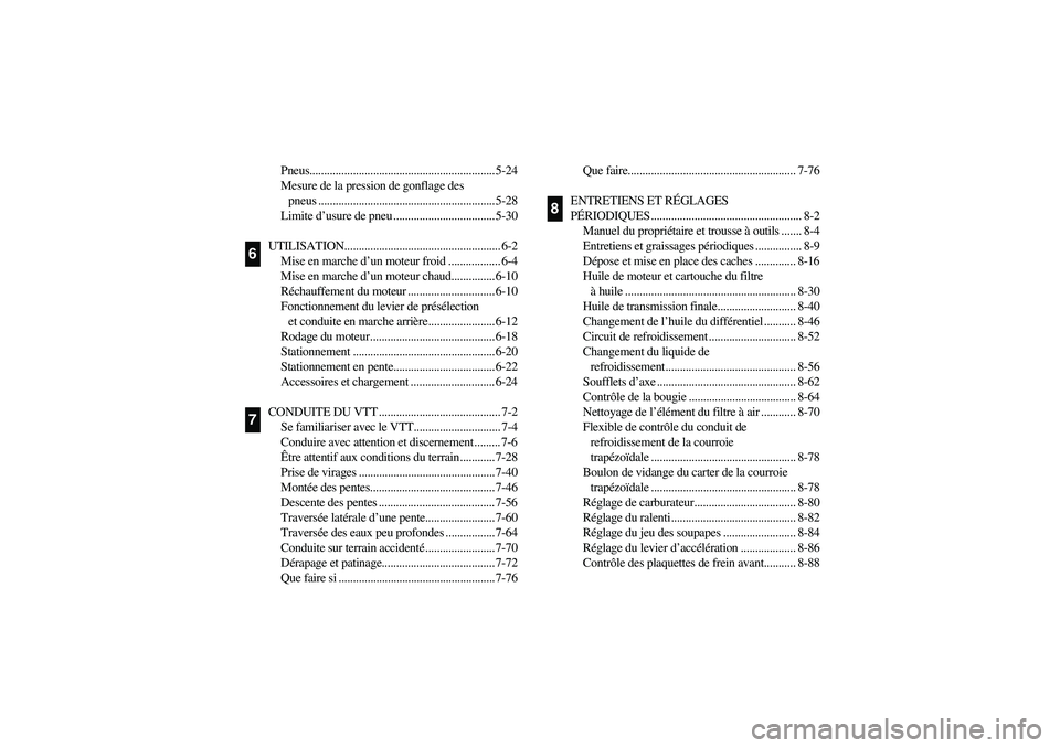 YAMAHA WOLVERINE 400 2004  Notices Demploi (in French) Pneus................................................................ 5-24
Mesure de la pression de gonflage des 
pneus ............................................................. 5-28
Limite d’us