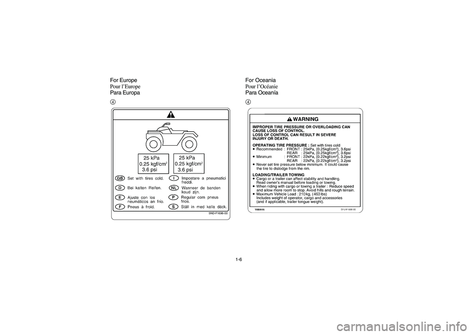 YAMAHA WOLVERINE 400 2004  Notices Demploi (in French) 1-6
For Europe
Pour l’Europe
Para Europa
5ND-F1696-00
4For Oceania
Pour l’Océanie
Para Oceanía
4
U5TE61.book  Page 6  Tuesday, May 6, 2003  4:40 PM 