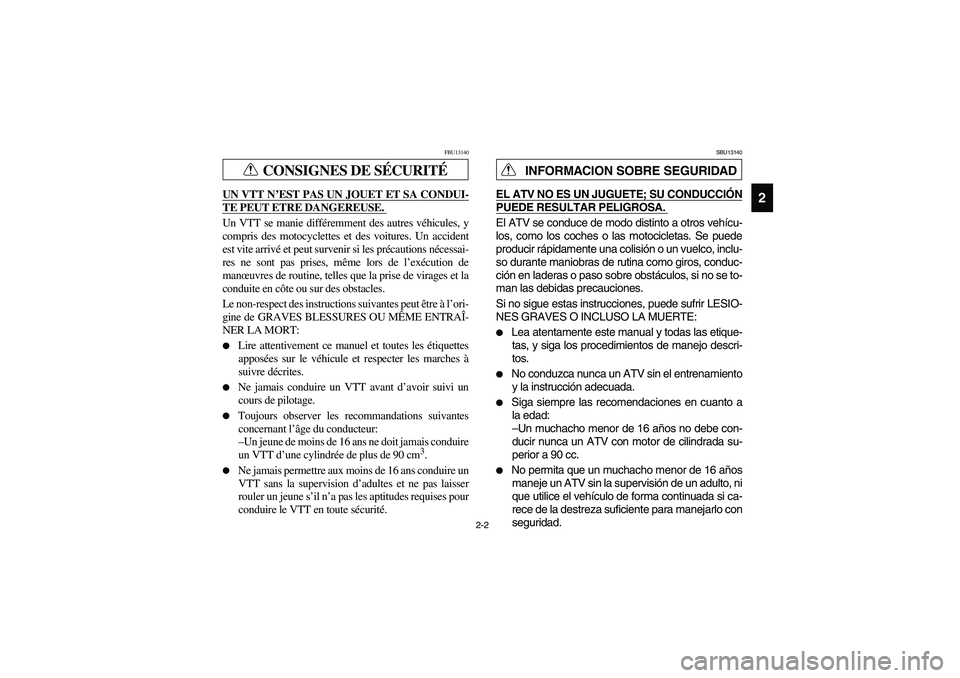 YAMAHA WOLVERINE 400 2004  Notices Demploi (in French) 2-2
2
CONSIGNES DE SÉCURITÉ
FBU13140
UN VTT N’EST PAS UN JOUET ET SA CONDUI-TE PEUT ETRE DANGEREUSE. Un VTT se manie différemment des autres véhicules, y
compris des motocyclettes et des voiture