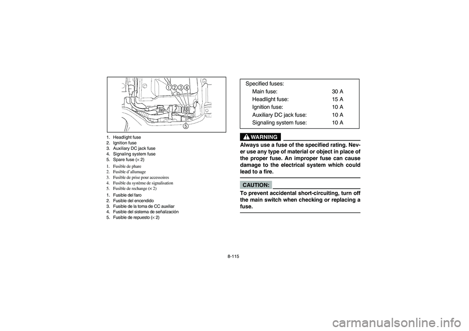 YAMAHA WOLVERINE 400 2004  Manuale de Empleo (in Spanish) 8-115 1. Headlight fuse
2. Ignition fuse
3. Auxiliary DC jack fuse
4. Signaling system fuse
5. Spare fuse (× 2)
1. Fusible de phare
2. Fusible d’allumage
3. Fusible de prise pour accessoires
4. Fus