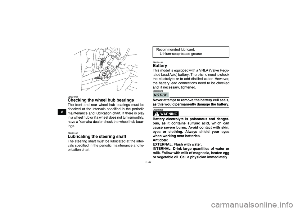 YAMAHA WOLVERINE 450 2009  Owners Manual 8-47
8
EBU24962Checking the wheel hub bearings The front and rear wheel hub bearings must be
checked at the intervals specified in the periodic
maintenance and lubrication chart. If there is play
in a