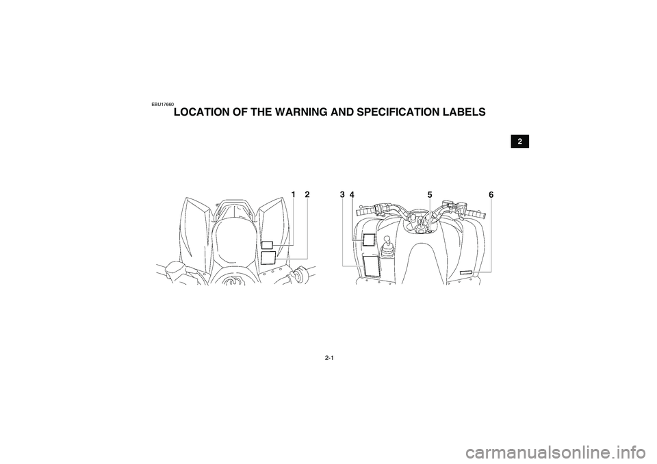 YAMAHA WOLVERINE 450 2009 User Guide 2-1
2
EBU17660
LOCATION OF THE WARNING AND SPECIFICATION LABELS 
U3C263E0.book  Page 1  Thursday, May 15, 2008  10:44 AM 