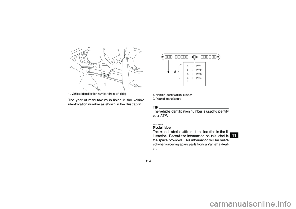 YAMAHA WOLVERINE 450 2009  Owners Manual 11-2
11 The year of manufacture is listed in the vehicle
identification number as shown in the illustration.
TIPThe vehicle identification number is used to identifyyour ATV.EBU26050Model label 
The m