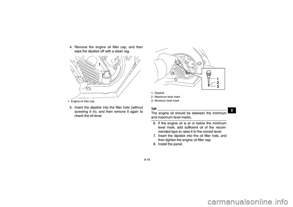 YAMAHA WOLVERINE 450 2009  Owners Manual 8-18
8 4. Remove the engine oil filler cap, and then
wipe the dipstick off with a clean rag.
5. Insert the dipstick into the filler hole (without
screwing it in), and then remove it again to
check the