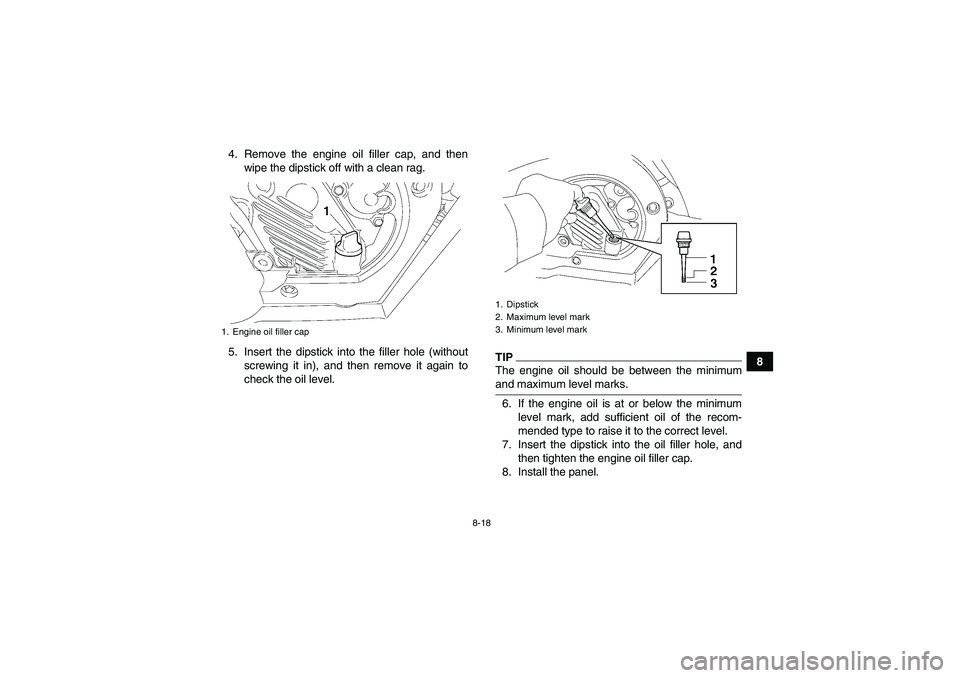 YAMAHA WOLVERINE 450 2009 User Guide 8-18
8 4. Remove the engine oil filler cap, and then
wipe the dipstick off with a clean rag.
5. Insert the dipstick into the filler hole (without
screwing it in), and then remove it again to
check the