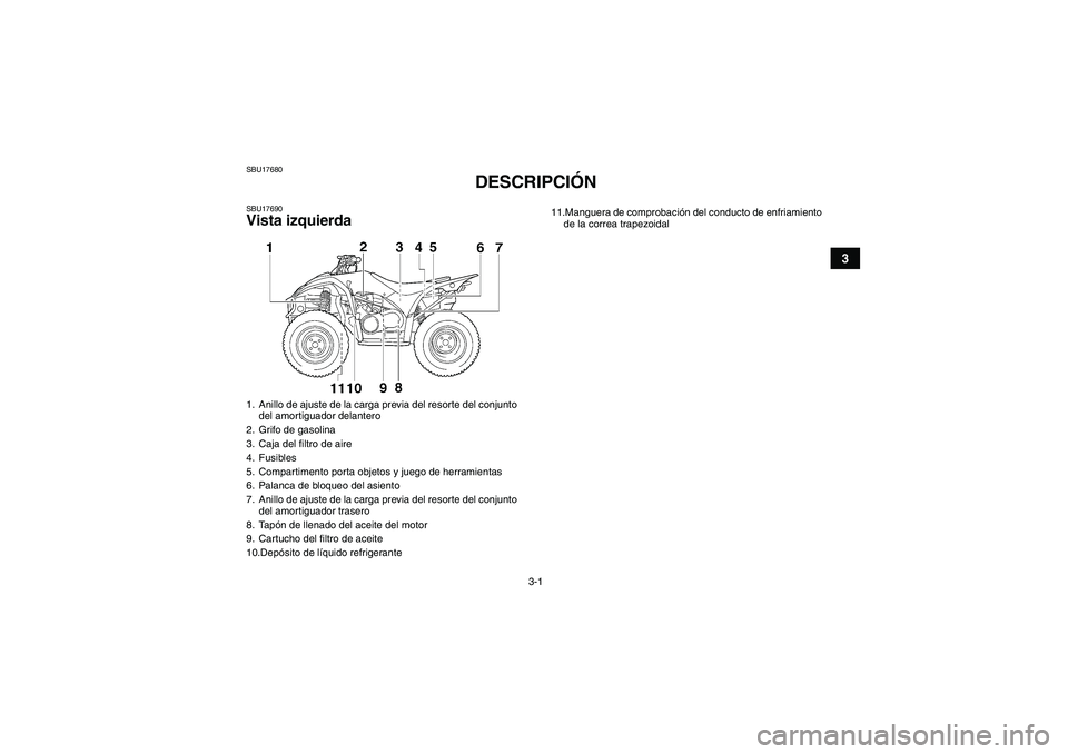 YAMAHA WOLVERINE 450 2009  Manuale de Empleo (in Spanish) 3-1
3
SBU17680
DESCRIPCIÓN 
SBU17690Vista izquierda1. Anillo de ajuste de la carga previa del resorte del conjunto 
del amortiguador delantero
2. Grifo de gasolina
3. Caja del filtro de aire
4. Fusib