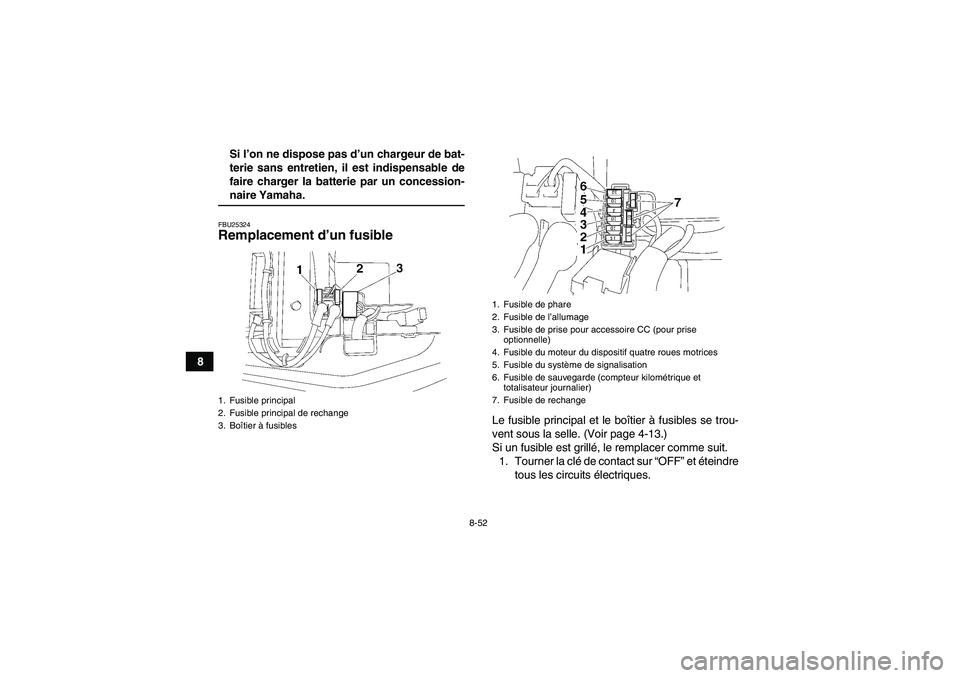YAMAHA WOLVERINE 450 2009  Notices Demploi (in French) 8-52
8Si l’on ne dispose pas d’un chargeur de bat-
terie sans entretien, il est indispensable de
faire charger la batterie par un concession-
naire Yamaha.FBU25324Remplacement d’un fusible 
Le f