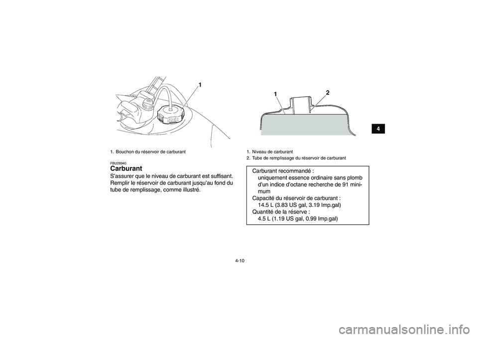 YAMAHA WOLVERINE 450 2009 Notices Demploi (in French) 4-10
4
FBU28940Carburant S’assurer que le niveau de carburant est suffisant.
Remplir le réservoir de carburant jusqu’au fond du
tube de remplissage, comme illustré.1. Bouchon du réservoir de ca YAMAHA WOLVERINE 450 2009 Notices Demploi (in French) 4-10
4
FBU28940Carburant S’assurer que le niveau de carburant est suffisant.
Remplir le réservoir de carburant jusqu’au fond du
tube de remplissage, comme illustré.1. Bouchon du réservoir de ca