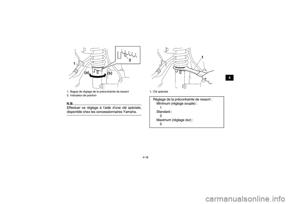 YAMAHA WOLVERINE 450 2009  Notices Demploi (in French) 4-18
4
N.B.Effectuer ce réglage à l’aide d’une clé spéciale,disponible chez les concessionnaires Yamaha.1. Bague de réglage de la précontrainte de ressort
2. Indicateur de position
1. Clé s