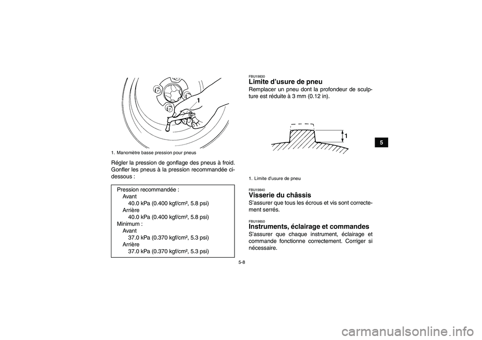 YAMAHA WOLVERINE 450 2009  Notices Demploi (in French) 5-8
5
Régler la pression de gonflage des pneus à froid.
Gonfler les pneus à la pression recommandée ci-
dessous :
FBU19830Limite d’usure de pneu Remplacer un pneu dont la profondeur de sculp-
tu