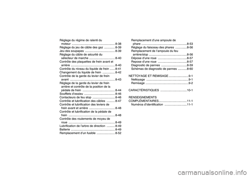 YAMAHA WOLVERINE 450 2009  Notices Demploi (in French) Réglage du régime de ralenti du 
moteur .................................................... 8-38
Réglage du jeu de câble des gaz  ............. 8-39
Jeu des soupapes  ............................