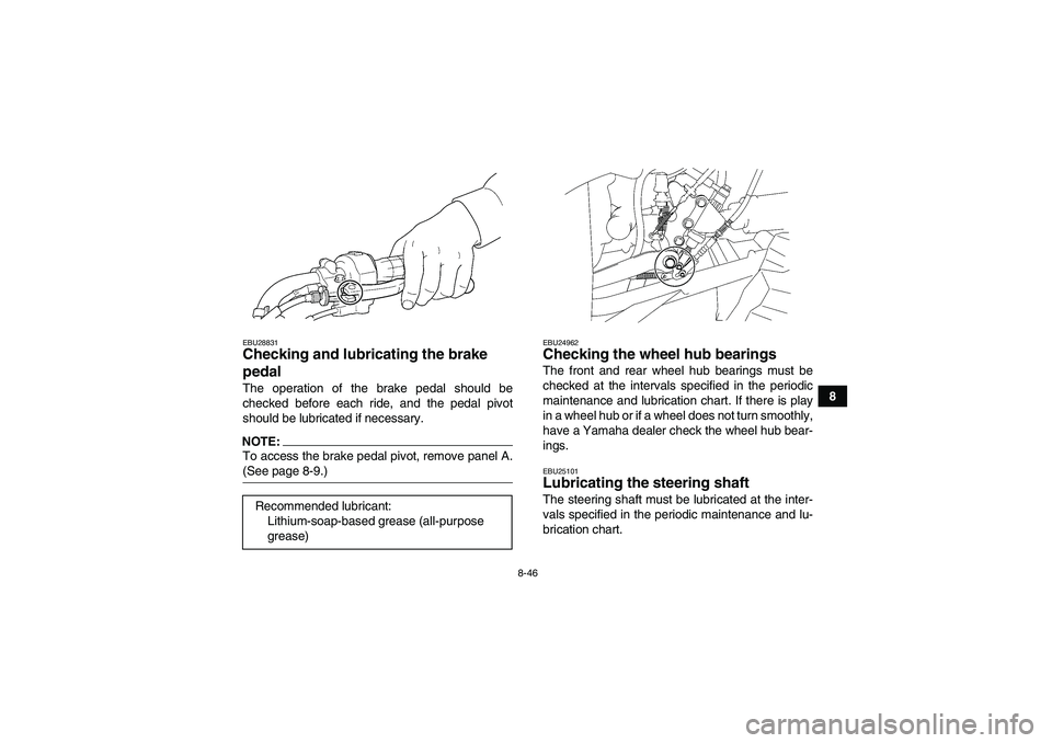 YAMAHA WOLVERINE 450 2008  Owners Manual 8-46
8
EBU28831Checking and lubricating the brake 
pedal The operation of the brake pedal should be
checked before each ride, and the pedal pivot
should be lubricated if necessary.NOTE:To access the b