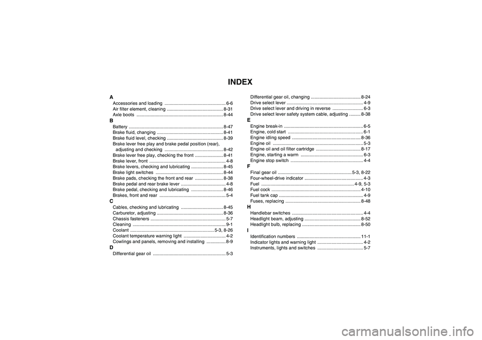 YAMAHA WOLVERINE 450 2008  Owners Manual INDEX
AAccessories and loading  ................................................ 6-6
Air filter element, cleaning  ............................................ 8-31
Axle boots  .......................