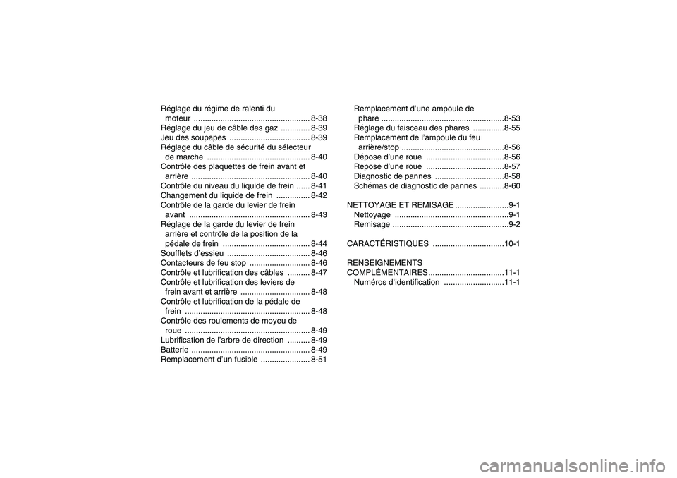 YAMAHA WOLVERINE 450 2008  Notices Demploi (in French) Réglage du régime de ralenti du 
moteur .................................................... 8-38
Réglage du jeu de câble des gaz  ............. 8-39
Jeu des soupapes  ............................
