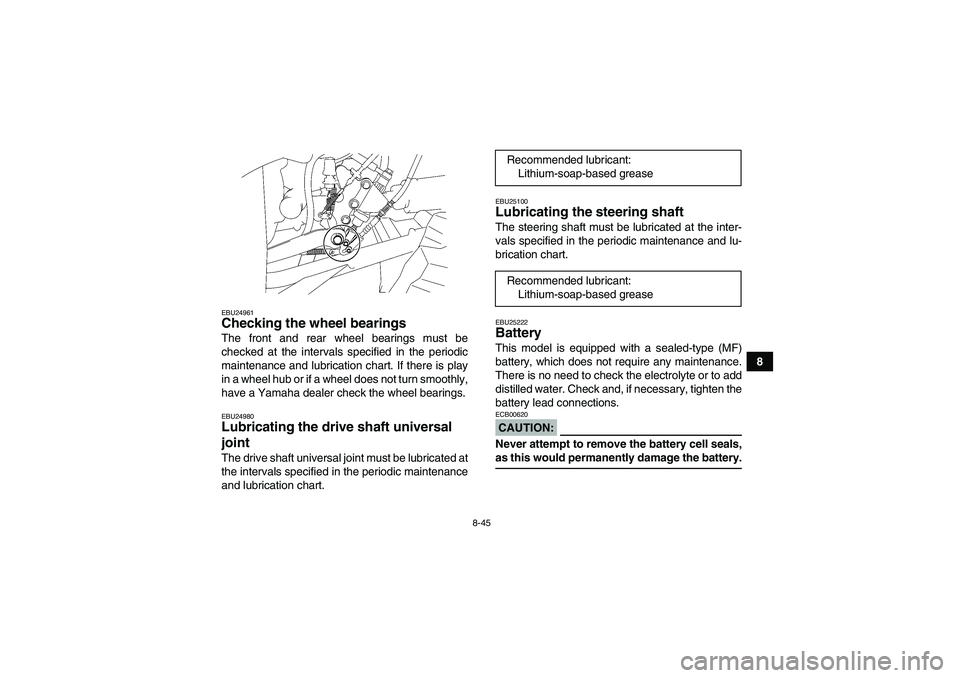YAMAHA WOLVERINE 450 2007  Owners Manual 8-45
8
EBU24961Checking the wheel bearings The front and rear wheel bearings must be
checked at the intervals specified in the periodic
maintenance and lubrication chart. If there is play
in a wheel h