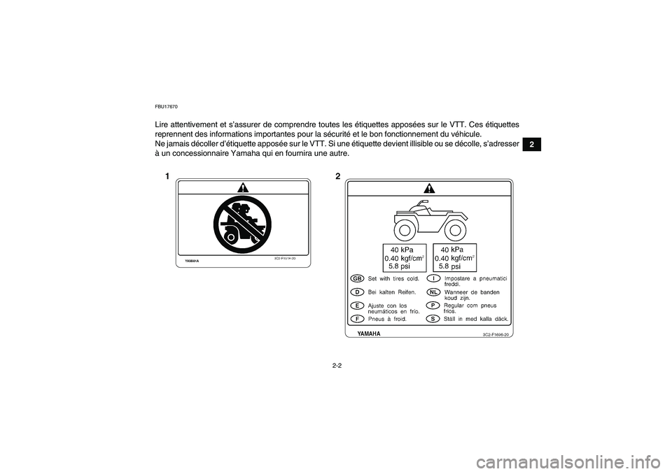 YAMAHA WOLVERINE 450 2007  Notices Demploi (in French) 2-2
2
FBU17670Lire attentivement et s’assurer de comprendre toutes les étiquettes apposées sur le VTT. Ces étiquettes
reprennent des informations importantes pour la sécurité et le bon fonction