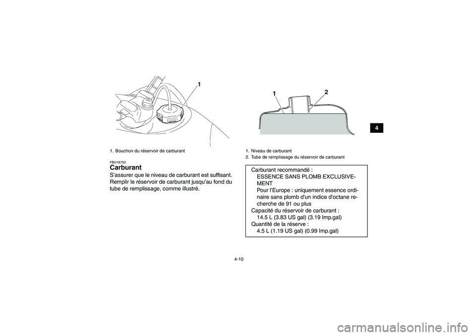 YAMAHA WOLVERINE 450 2007 Notices Demploi (in French) 4-10
4
FBU18750Carburant S’assurer que le niveau de carburant est suffisant.
Remplir le réservoir de carburant jusqu’au fond du
tube de remplissage, comme illustré.1. Bouchon du réservoir de ca YAMAHA WOLVERINE 450 2007 Notices Demploi (in French) 4-10
4
FBU18750Carburant S’assurer que le niveau de carburant est suffisant.
Remplir le réservoir de carburant jusqu’au fond du
tube de remplissage, comme illustré.1. Bouchon du réservoir de ca