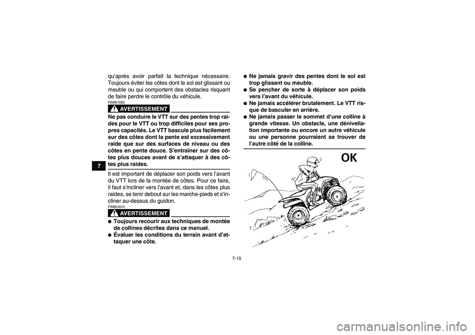 YAMAHA WOLVERINE 450 2007 Notices Demploi (in French) 7-15
7qu’après avoir parfait la technique nécessaire.
Toujours éviter les côtes dont le sol est glissant ou
meuble ou qui comportent des obstacles risquant
de faire perdre le contrôle du véhic YAMAHA WOLVERINE 450 2007 Notices Demploi (in French) 7-15
7qu’après avoir parfait la technique nécessaire.
Toujours éviter les côtes dont le sol est glissant ou
meuble ou qui comportent des obstacles risquant
de faire perdre le contrôle du véhic