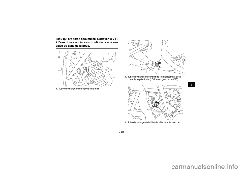 YAMAHA WOLVERINE 450 2007 Notices Demploi (in French) 7-22
7 l’eau qui s’y serait accumulée. Nettoyer le VTT
à l’eau douce après avoir roulé dans une eau
salée ou dans de la boue.1. Tube de vidange du boîtier de filtre à air
1. Tube de vidan YAMAHA WOLVERINE 450 2007 Notices Demploi (in French) 7-22
7 l’eau qui s’y serait accumulée. Nettoyer le VTT
à l’eau douce après avoir roulé dans une eau
salée ou dans de la boue.1. Tube de vidange du boîtier de filtre à air
1. Tube de vidan