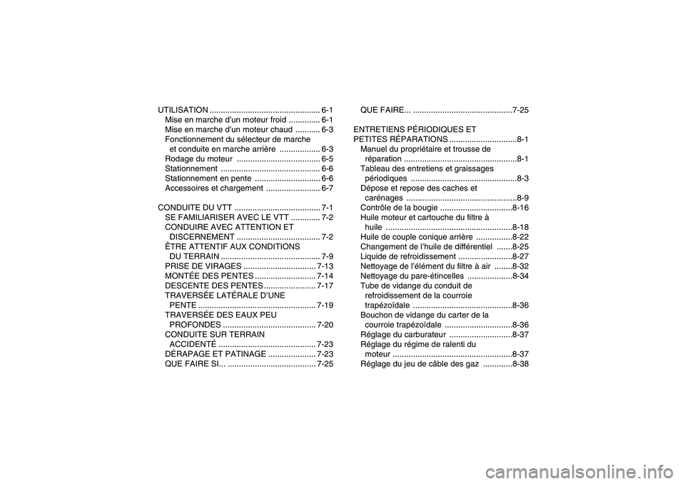 YAMAHA WOLVERINE 450 2007  Notices Demploi (in French) UTILISATION ................................................. 6-1
Mise en marche d’un moteur froid .............. 6-1
Mise en marche d’un moteur chaud  ........... 6-3
Fonctionnement du sélecteur