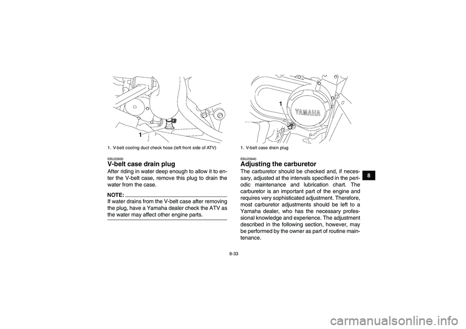 YAMAHA WOLVERINE 450 2006  Owners Manual 8-33
8
EBU23930V-belt case drain plug After riding in water deep enough to allow it to en-
ter the V-belt case, remove this plug to drain the
water from the case.NOTE:If water drains from the V-belt c