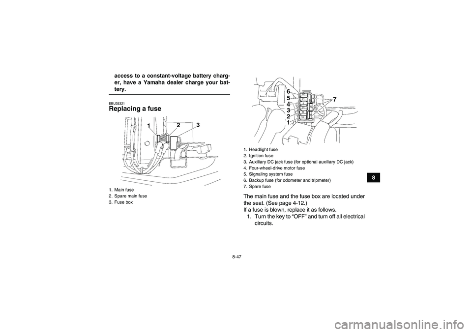 YAMAHA WOLVERINE 450 2006  Owners Manual 8-47
8 access to a constant-voltage battery charg-
er, have a Yamaha dealer charge your bat-
tery.EBU25321Replacing a fuse 
The main fuse and the fuse box are located under
the seat. (See page 4-12.)
