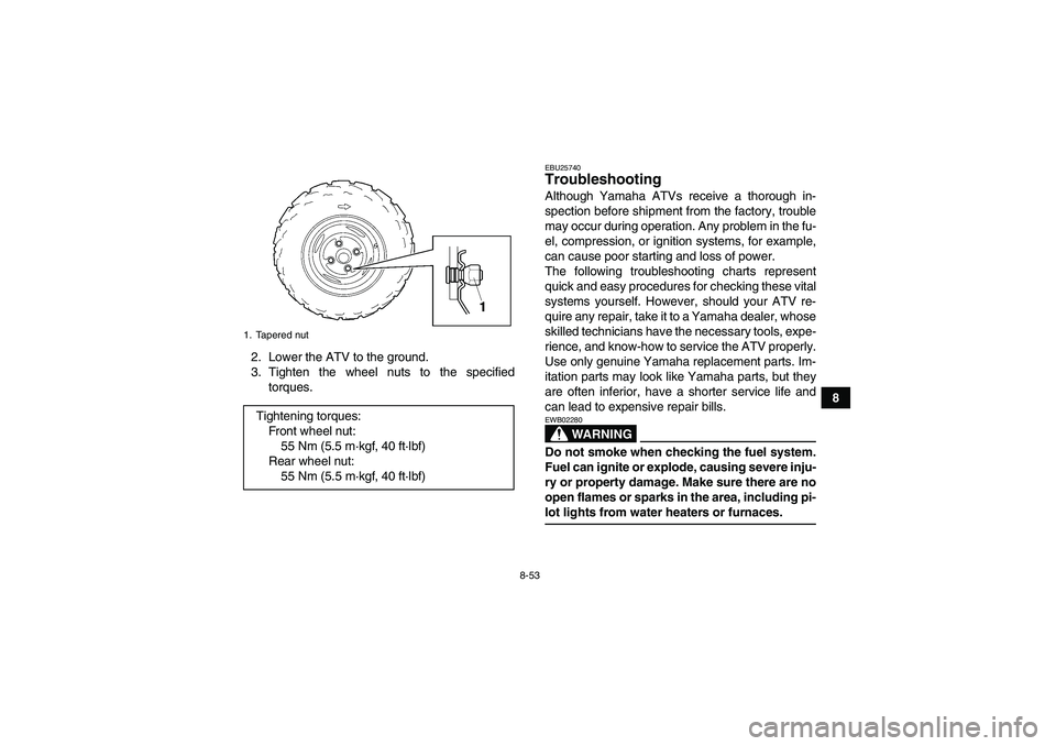 YAMAHA WOLVERINE 450 2006  Owners Manual 8-53
8 2. Lower the ATV to the ground.
3. Tighten the wheel nuts to the specified
torques.
EBU25740Troubleshooting Although Yamaha ATVs receive a thorough in-
spection before shipment from the factory