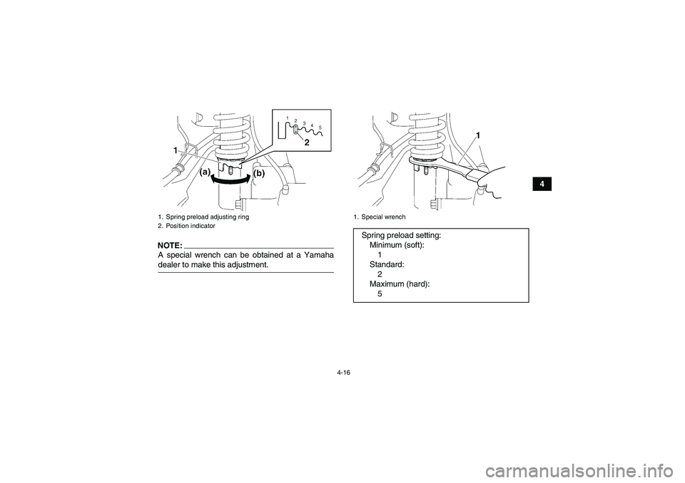 YAMAHA WOLVERINE 450 2006 Owners Guide 4-16
4
NOTE:A special wrench can be obtained at a Yamahadealer to make this adjustment.1. Spring preload adjusting ring
2. Position indicator
1. Special wrenchSpring preload setting:
Minimum (soft):
1
