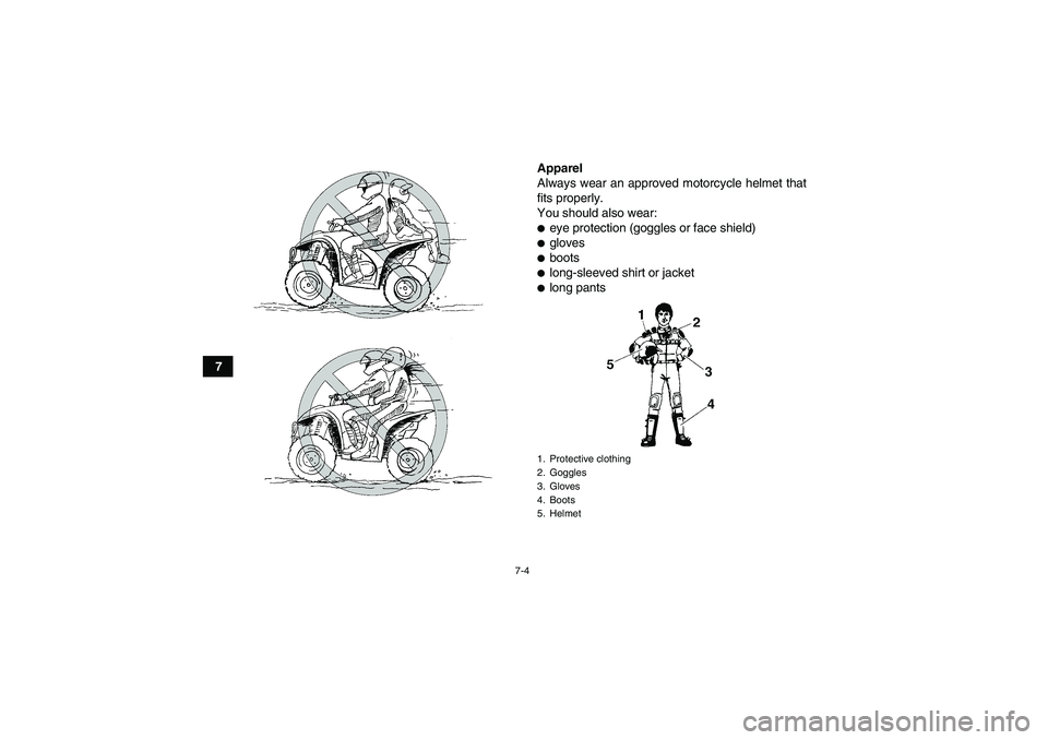 YAMAHA WOLVERINE 450 2006 Workshop Manual 7-4
7Apparel
Always wear an approved motorcycle helmet that
fits properly.
You should also wear:
eye protection (goggles or face shield)glovesbootslong-sleeved shirt or jacketlong pants1. Protect